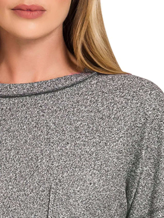 Zenana Soft Melange Hacci Round-Neck Long Sleeve T-Shirt - Trendsi - Flyclothing LLC