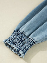 Smocked Cuffs Flared Denim Shirt Mini Dress - Trendsi - Flyclothing LLC