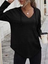 Drawstring Waffle Knit Long Sleeve Hooded Top - Trendsi - Flyclothing LLC