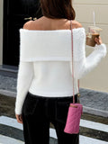 Off-Shoulder Fluffy Knit Sweater - Trendsi - Flyclothing LLC