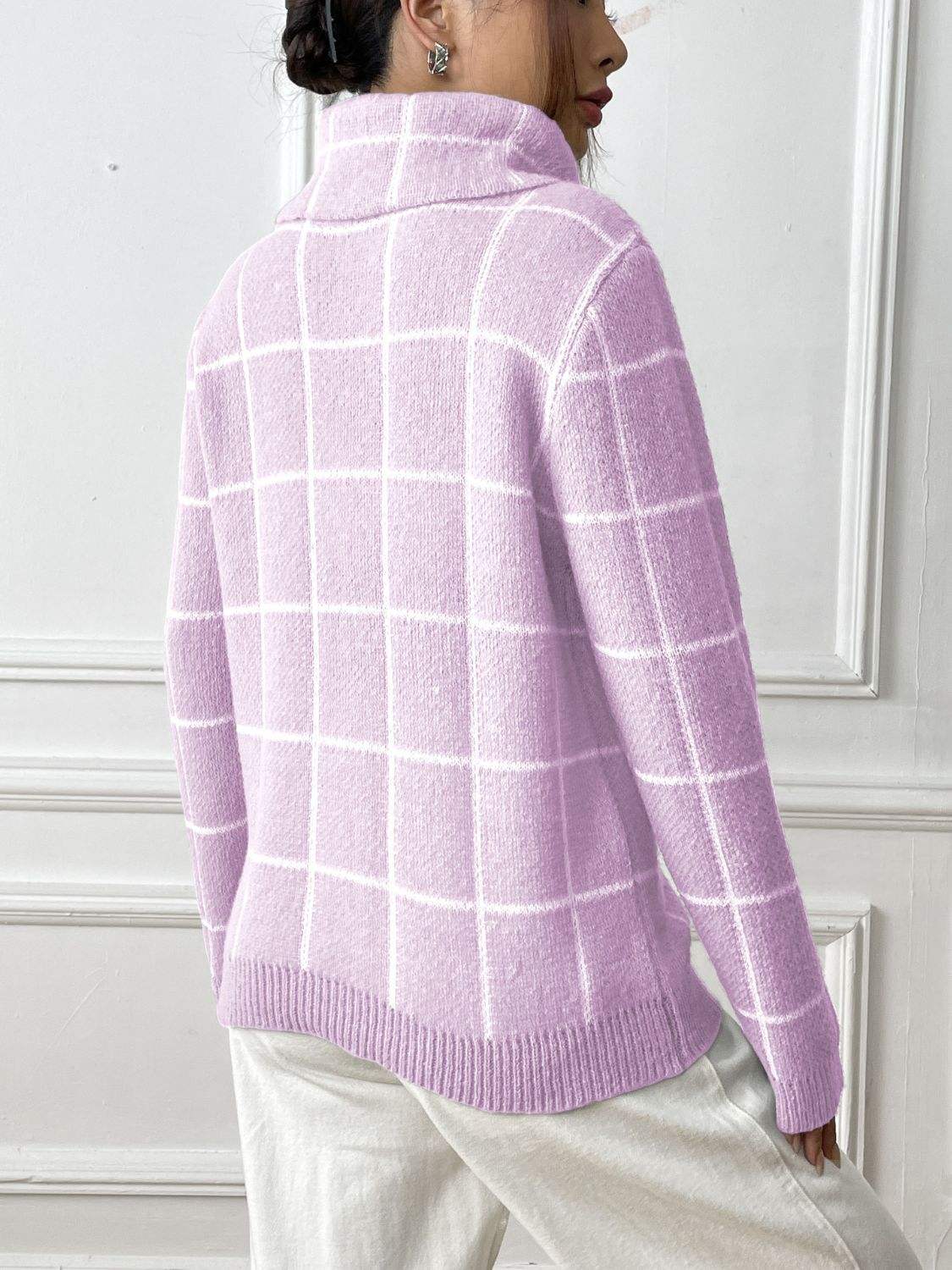 Heart Plaid Turtleneck Long Sleeve Sweater - Trendsi - Flyclothing LLC