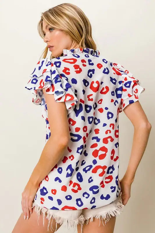 BiBi Leopard Notched Ruffled Cap Sleeve Blouse - Trendsi - Flyclothing LLC