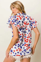 BiBi Leopard Notched Ruffled Cap Sleeve Blouse - Trendsi - Flyclothing LLC