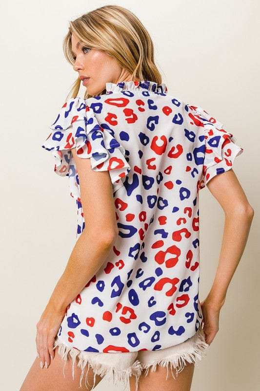 BiBi Leopard Notched Ruffled Cap Sleeve Blouse - Trendsi - Flyclothing LLC