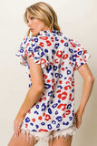 BiBi Leopard Notched Ruffled Cap Sleeve Blouse - Trendsi - Flyclothing LLC