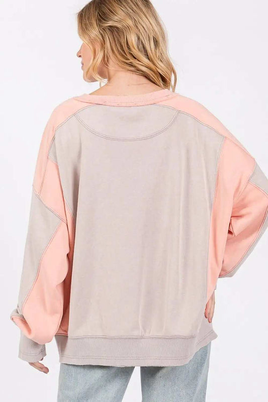 SAGE + FIG Color Block Round Neck Sweatshirt - Trendsi - Flyclothing LLC