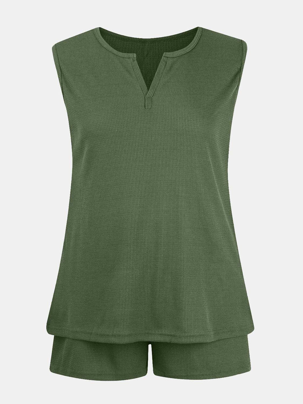 Full Size Waffle-Knit Notched Top and Shorts Set - Trendsi - Flyclothing LLC