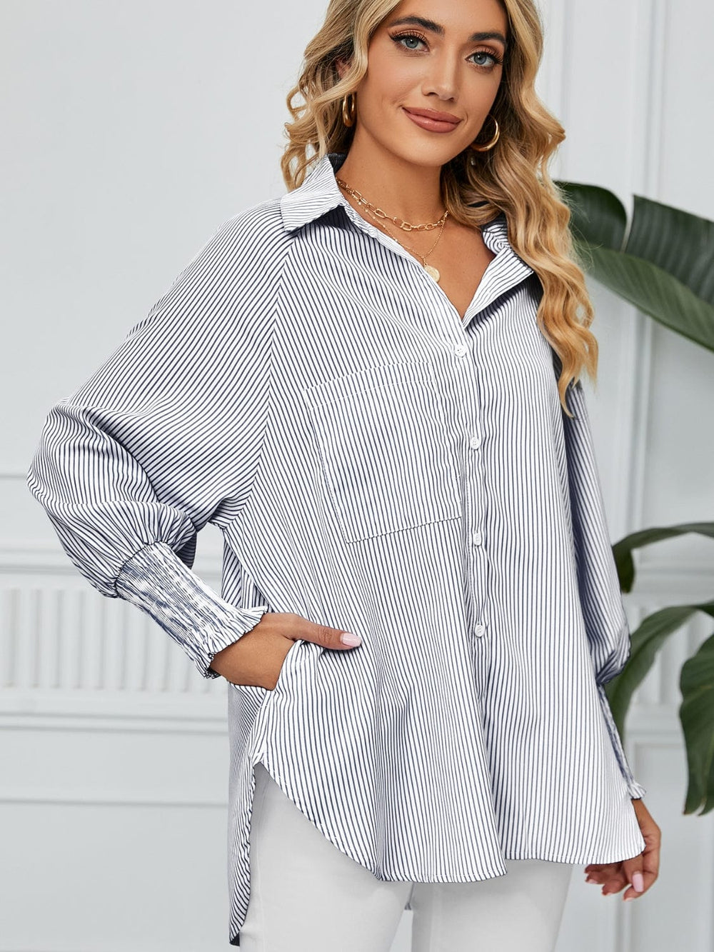 Striped Collared Neck Long Sleeve Shirt - Trendsi