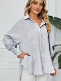 Striped Collared Neck Long Sleeve Shirt - Trendsi