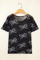 Bow Mesh Round Neck Short Sleeve T-Shirt - Trendsi - Flyclothing LLC