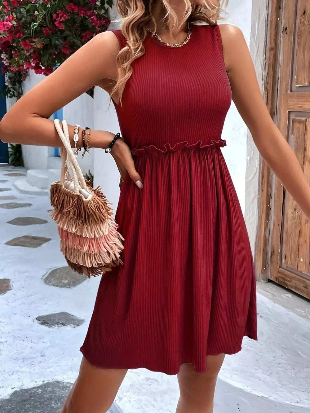 Frill Round Neck Sleeveless Mini Dress - Trendsi - Flyclothing LLC