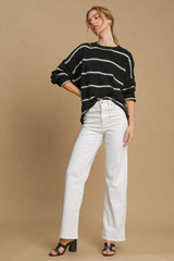 Umgee Wool Blend Striped Round Neck Sweater - Trendsi - Flyclothing LLC