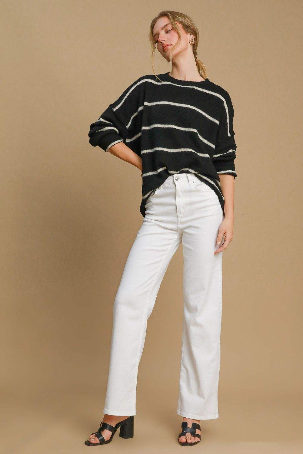 Umgee Wool Blend Striped Round Neck Sweater - Trendsi - Flyclothing LLC