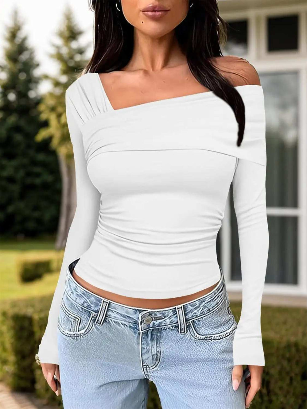 Ruched One Shoulder Long Sleeve T-Shirt - Trendsi - Flyclothing LLC