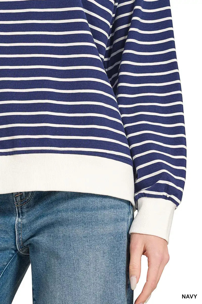 Zenana Contrast Striped Round Neck Sweatshirt - Trendsi - Flyclothing LLC
