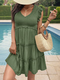 Frill Smocked V-Neck Tiered Dress - Trendsi