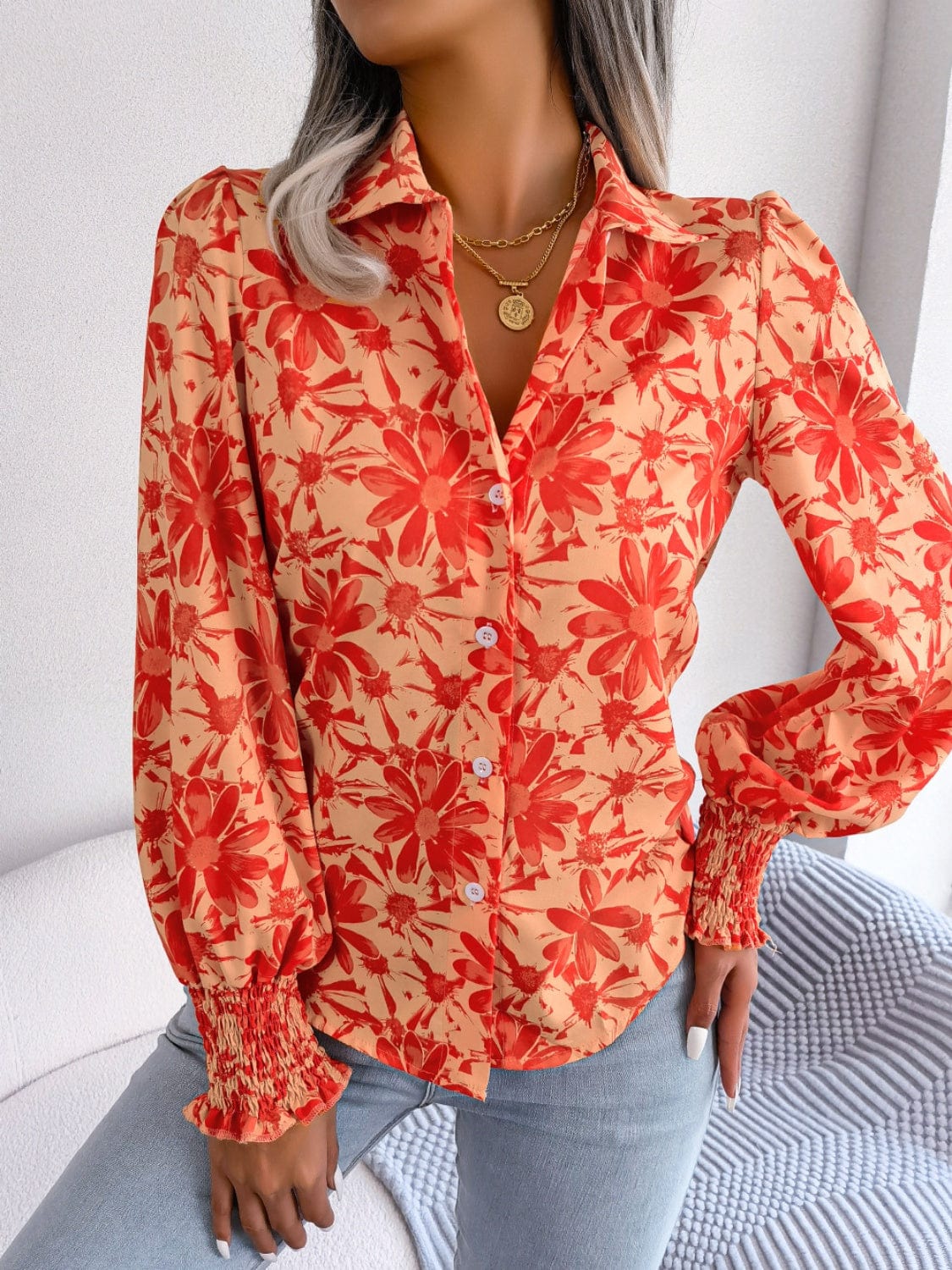 Floral Collared Neck Long Sleeve Shirt - Trendsi