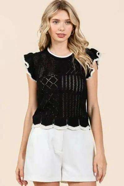 Mittoshop Openwork Contrast Trim Ruffled Cap Sleeve Knit Top - Trendsi - Flyclothing LLC