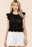 Mittoshop Openwork Contrast Trim Ruffled Cap Sleeve Knit Top - Trendsi