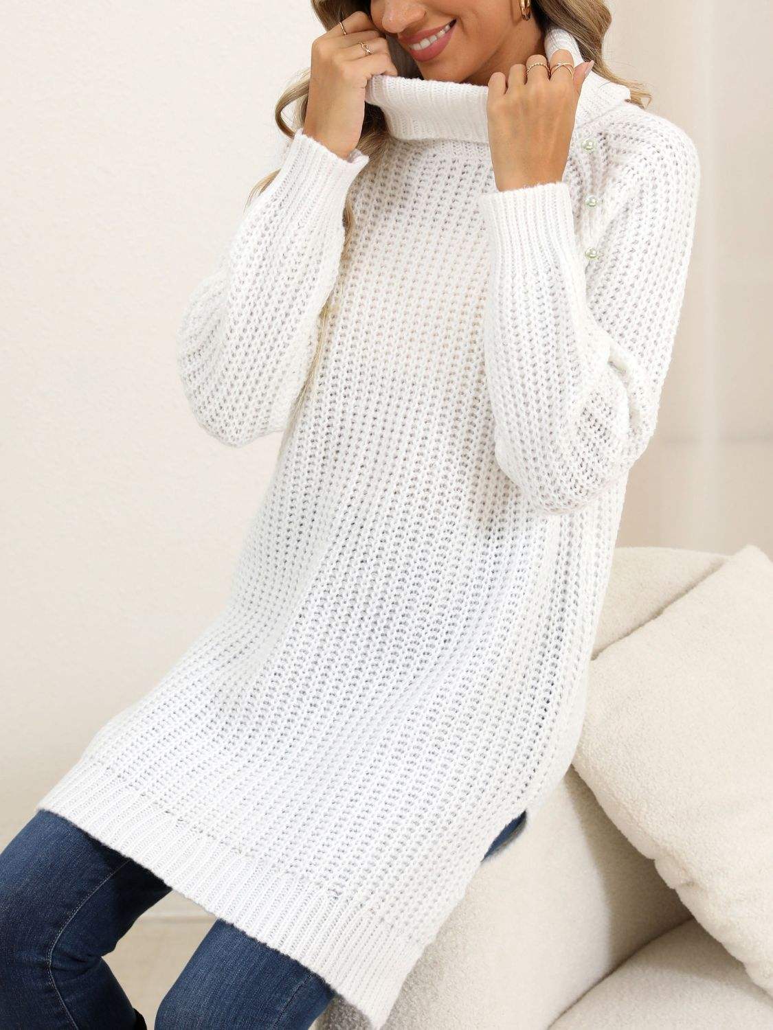 Slit Turtleneck Long Sleeve Sweater - Trendsi - Flyclothing LLC