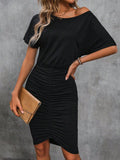 Ruched Boat Neck Short Sleeve Dress - Trendsi