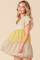 BiBi Flroal Printed Woven Color Block and Tiered Top - Trendsi - Flyclothing LLC