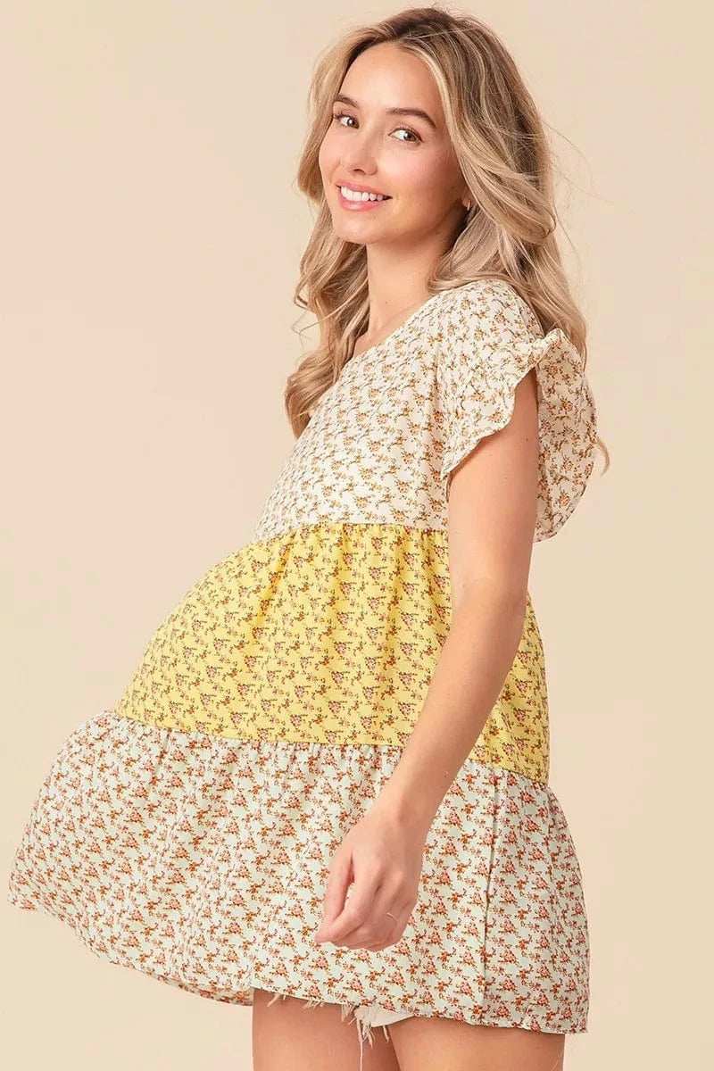 BiBi Flroal Printed Woven Color Block and Tiered Top - Trendsi - Flyclothing LLC