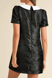 Floral Embossed Puff Sleeve Colorblock Bow Collared Mini Dress - Trendsi