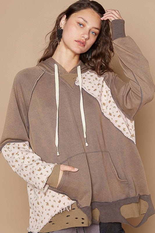 POL Floral Patchwork Distressed Drawstring Hoodie - Trendsi