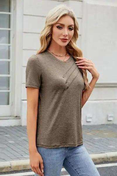 Round Neck Short Sleeve T-Shirt - Trendsi - Flyclothing LLC