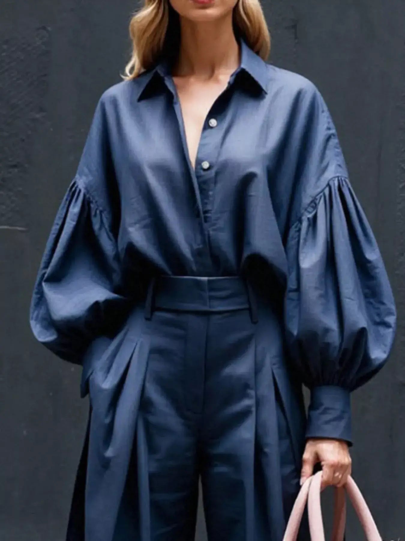 Lantern Sleeve Shirt and Wide Leg Pants Set - Trendsi - Flyclothing LLC