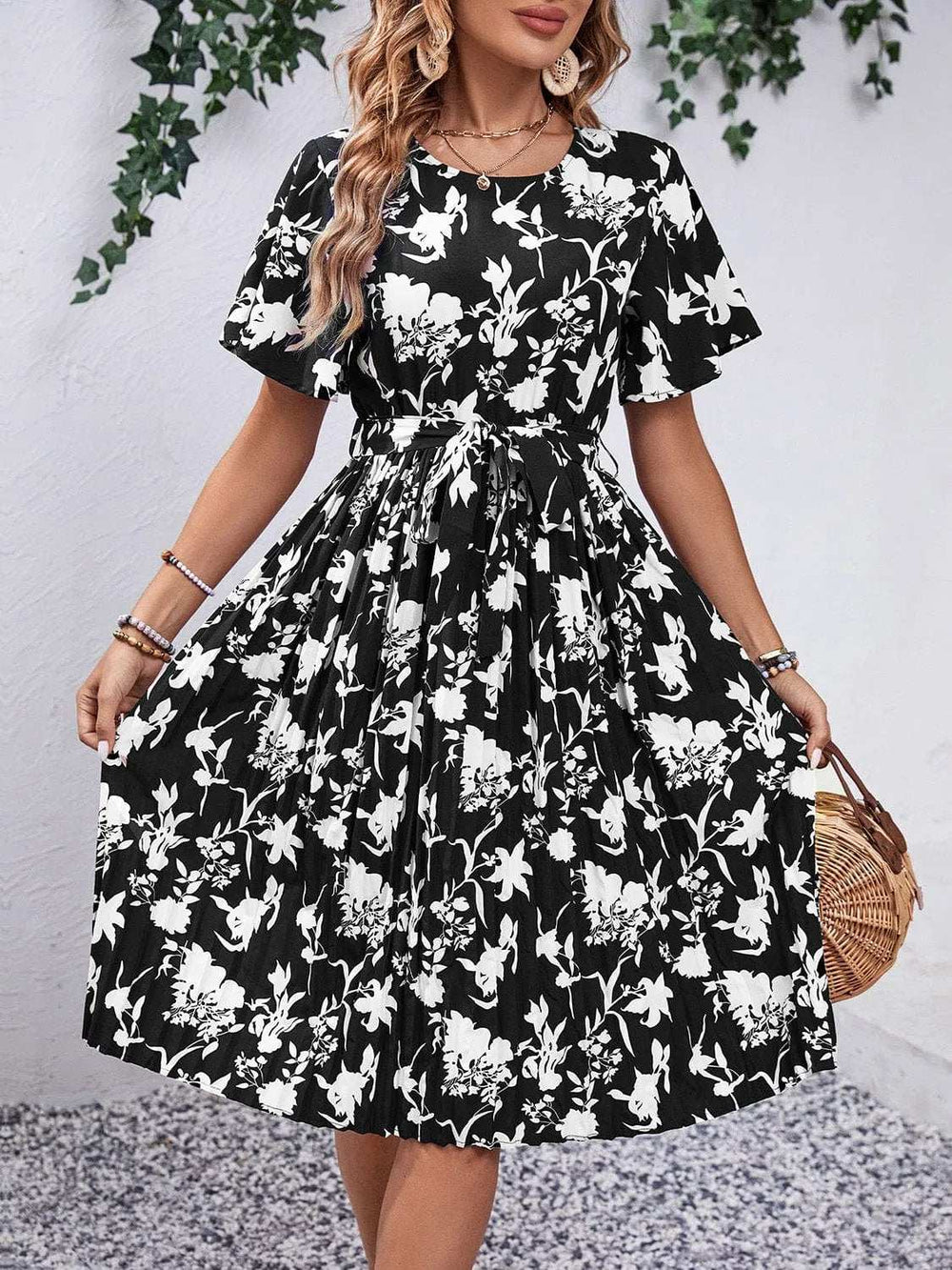 Printed Round Neck Short Sleeve Dress - Trendsi - Flyclothing LLC