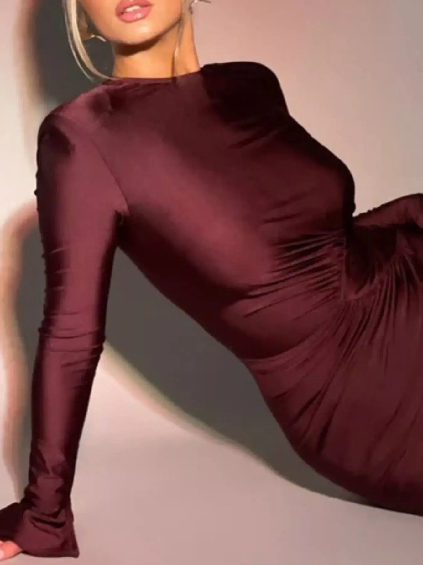 Ruched Long Sleeve Bodycon Maxi Dress - Trendsi - Flyclothing LLC