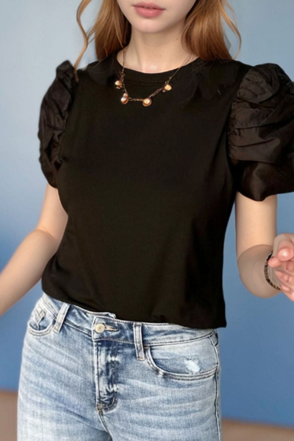 Ruched Puff Sleeve Crew Neck T-Shirt - Trendsi