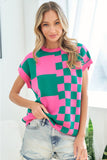 First Love Checkered Drop Shoulder Knit Top - Trendsi