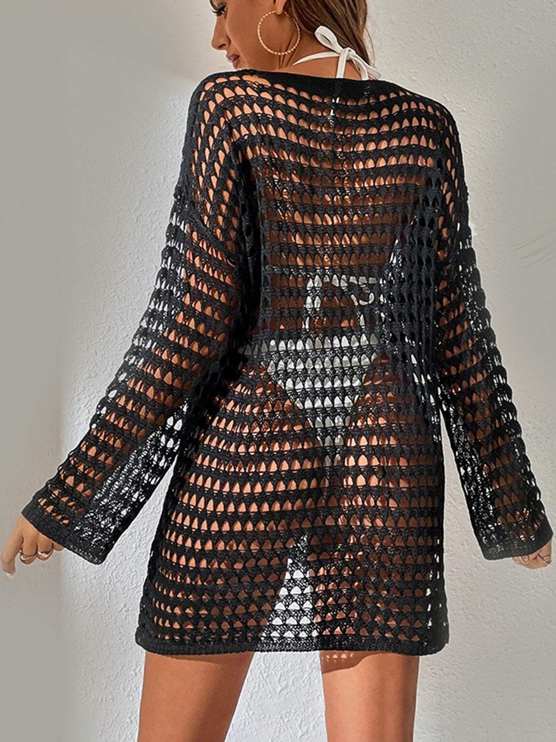 Openwork Boat Neck Long Sleeve Cover-Up - Trendsi - Flyclothing LLC