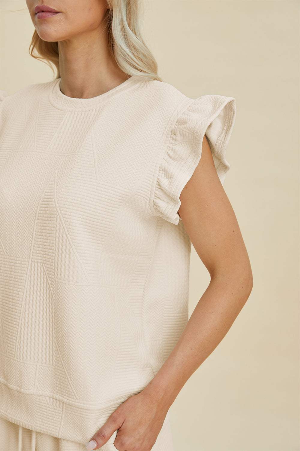 Double Take Full Size Texture Round Neck Ruffle Sleeve Top and Shorts Set - Trendsi - Flyclothing LLC
