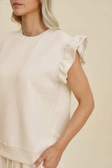 Double Take Full Size Texture Round Neck Ruffle Sleeve Top and Shorts Set - Trendsi - Flyclothing LLC