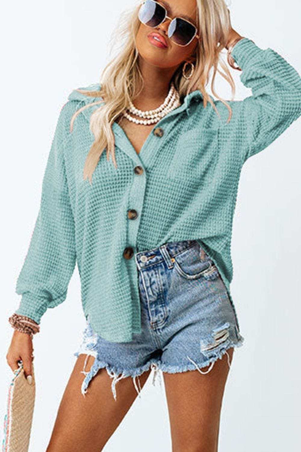 Waffle-Knit Collared Neck Long Sleeve Shirt - Trendsi - Flyclothing LLC