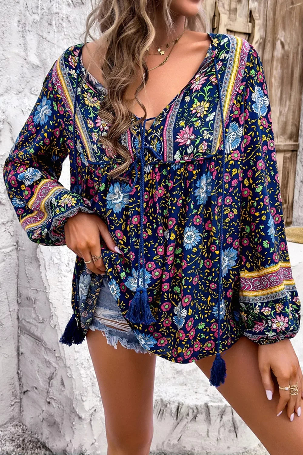 Floral Print Tie Neck Blouse - Trendsi - Flyclothing LLC