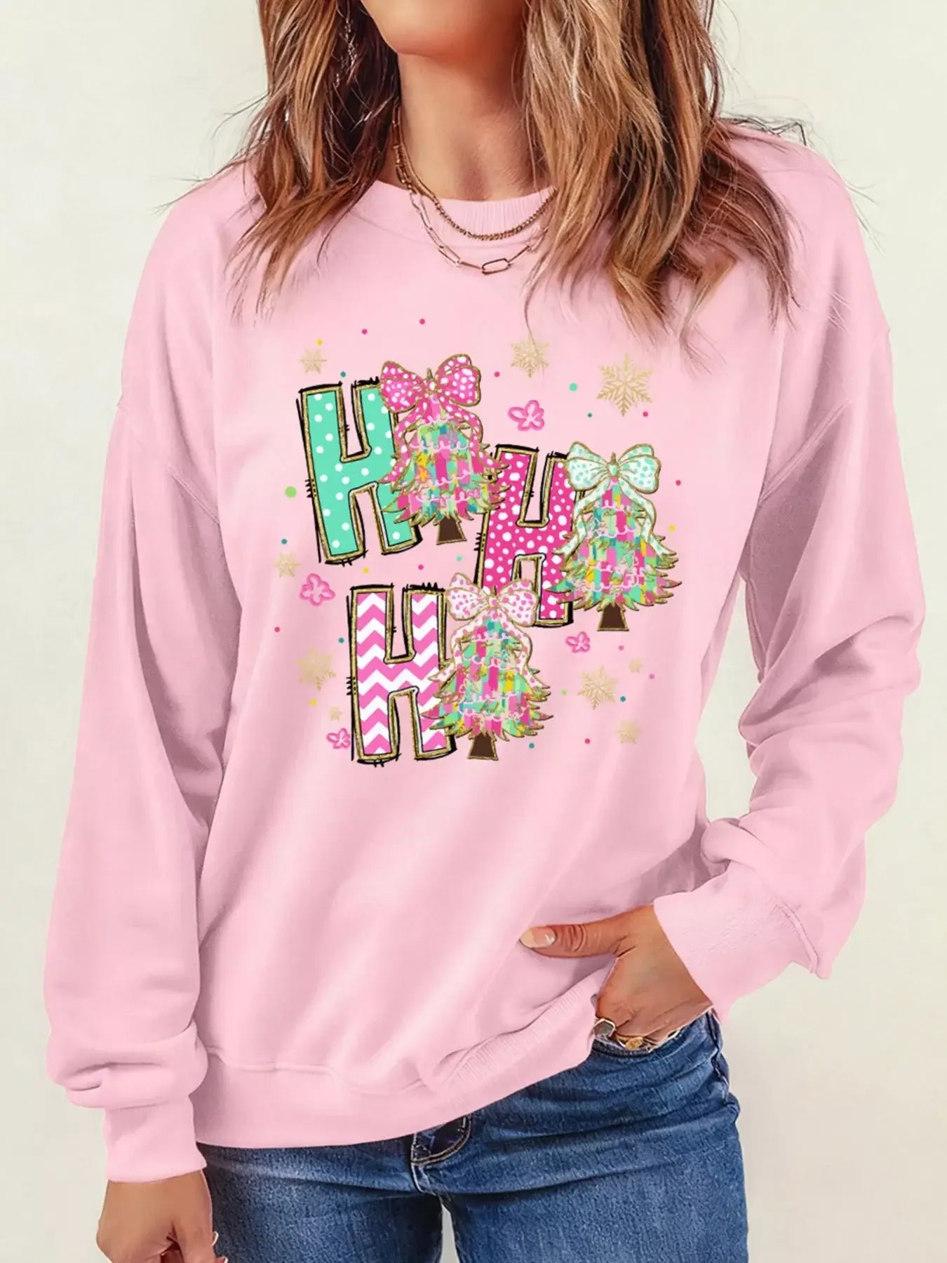 HO HO HO Christmas Tree Graphic Pullover Sweatshirt - Trendsi - Flyclothing LLC
