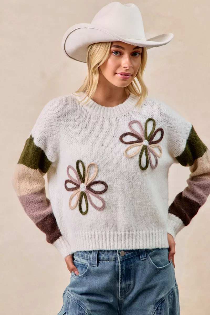 BiBi Flower Color Block Sweater - Trendsi - Flyclothing LLC