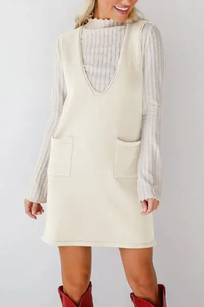 Lovelet Pocketed V-Neck Mini Sweater Overall Dress - Trendsi - Flyclothing LLC