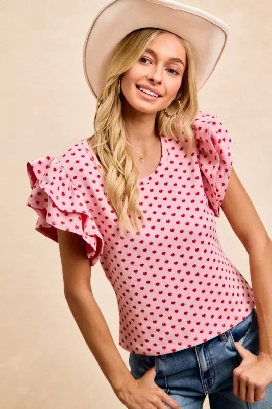 BiBi Heart Patterned Knit Ruffled Sleeves Top - Trendsi - Flyclothing LLC