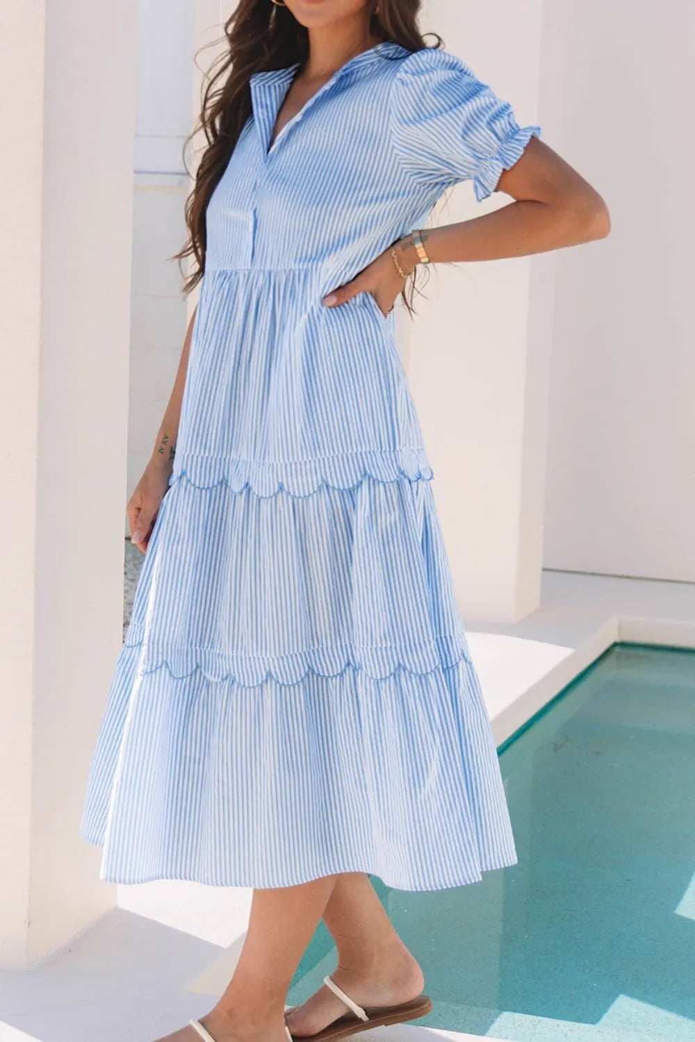 Stripe Bubble Short Sleeve Tiered Scallop Midi Dress - Trendsi - Flyclothing LLC
