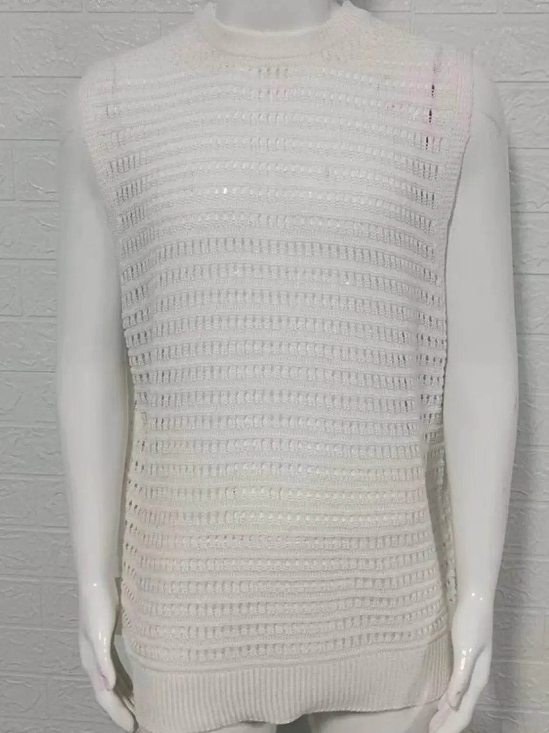 Men's Round Neck Hollow Out Sleeveless Knit Top - Trendsi - Flyclothing LLC