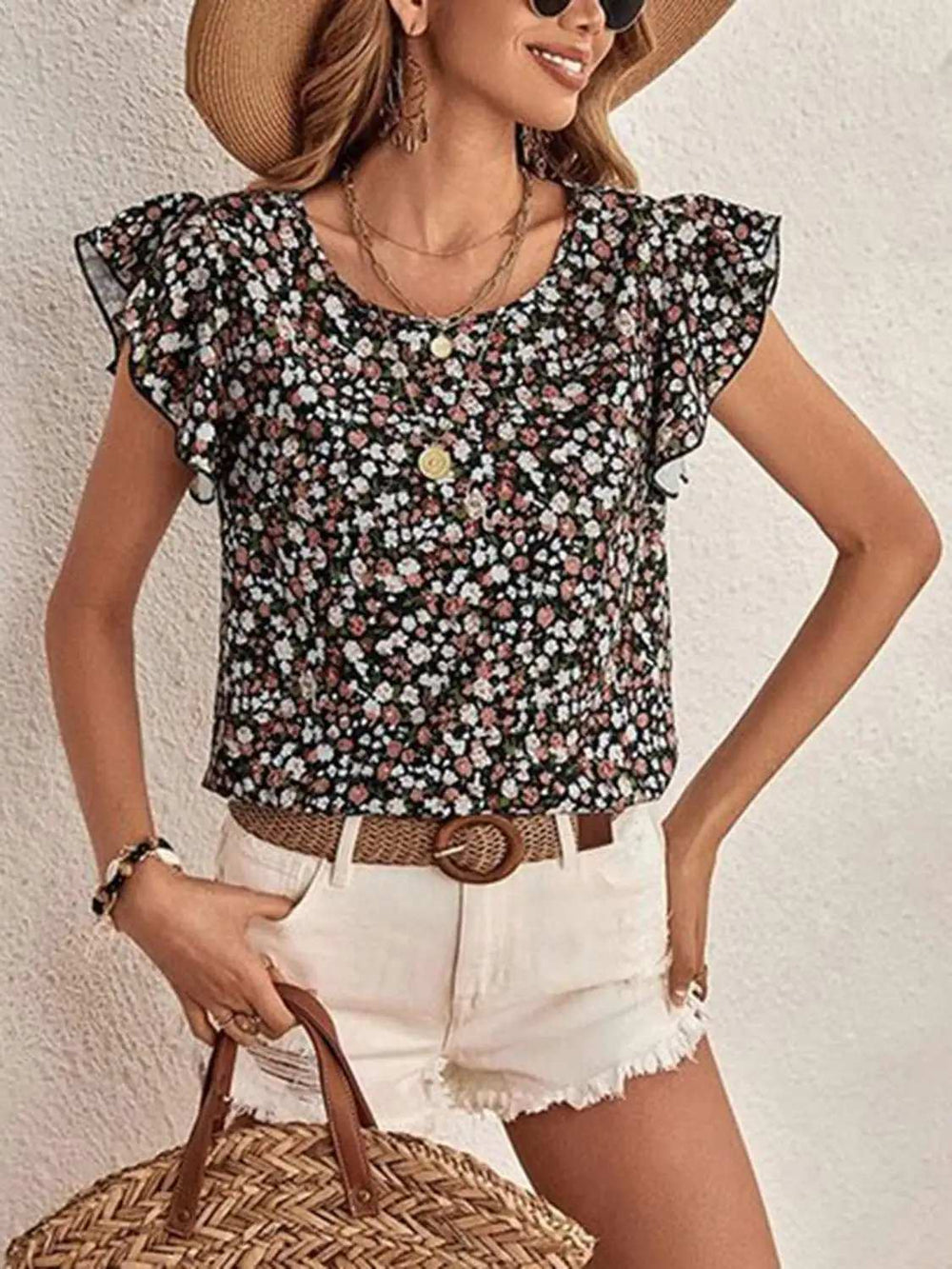 Ditsy Floral Round Neck Cap Sleeve Top - Trendsi - Flyclothing LLC