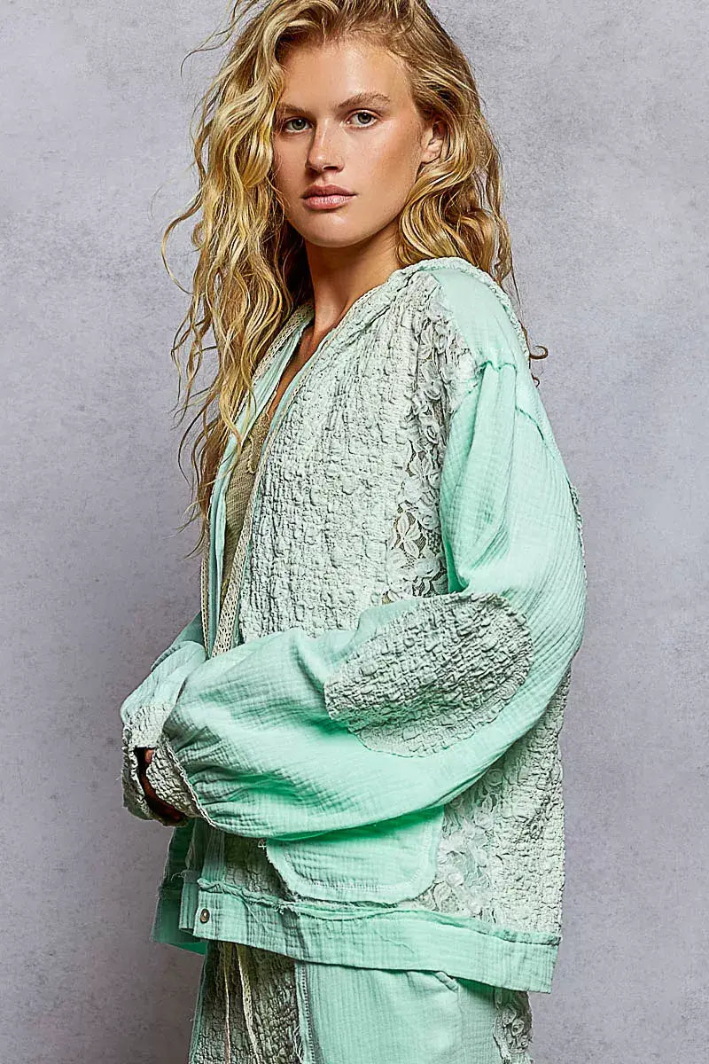 POL Exposed Seam Button Down Hooded Jacket with Lace Detail - Trendsi - Flyclothing LLC