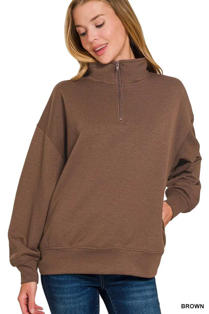 Zenana Scuba Quarter-Zip Sweatshirt - Trendsi - Flyclothing LLC
