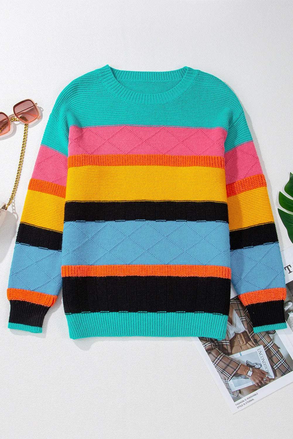 Contrast Round Neck Dropped Shoulder Sweater - Trendsi - Flyclothing LLC